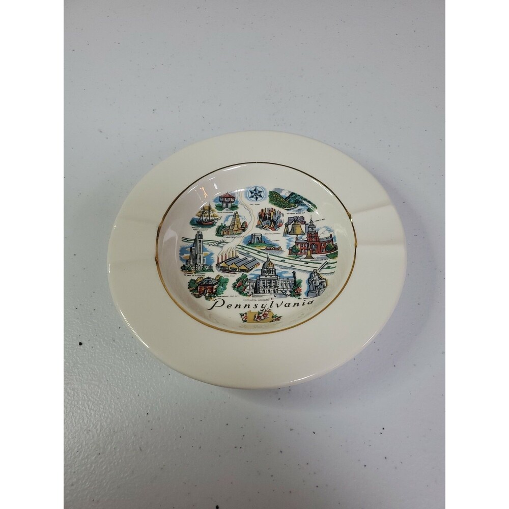 VINTAGE Pennsylvania CERAMIC ASHTRAY United States Ceramic CO. Gold Trim